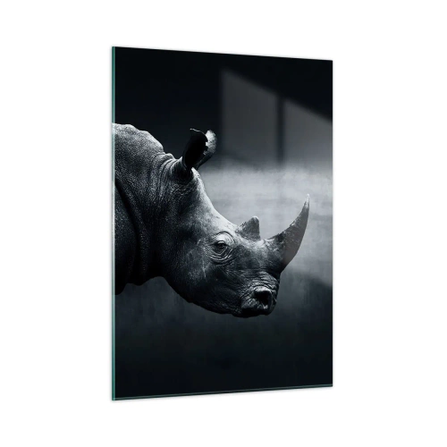 Quadro su vetro - Ripresa in bianco e nero di un rinoceronte - 50x70cm - Profilo destro - Decorazione murale moderna per soggiorno e camera da letto ARTTOR