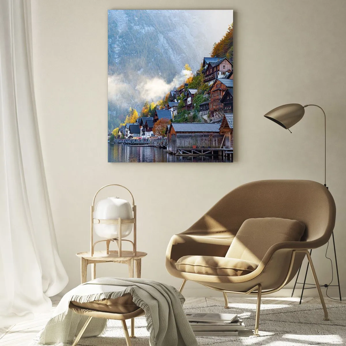 Quadro su vetro - Una mattina d'autunno in una cittadina di montagna in riva a un lago - 50x70cm - Atmosfera alpina - Decorazione murale moderna per soggiorno e camera da letto ARTTOR