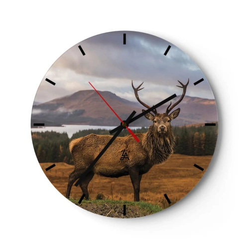 Orologio da parete - Orologio in Vetro - Cervi in un paesaggio montano con alberi e un lago - 30x30cm - Maestà della natura - Decorazione murale moderna per soggiorno, cucina e camera da letto ARTTOR