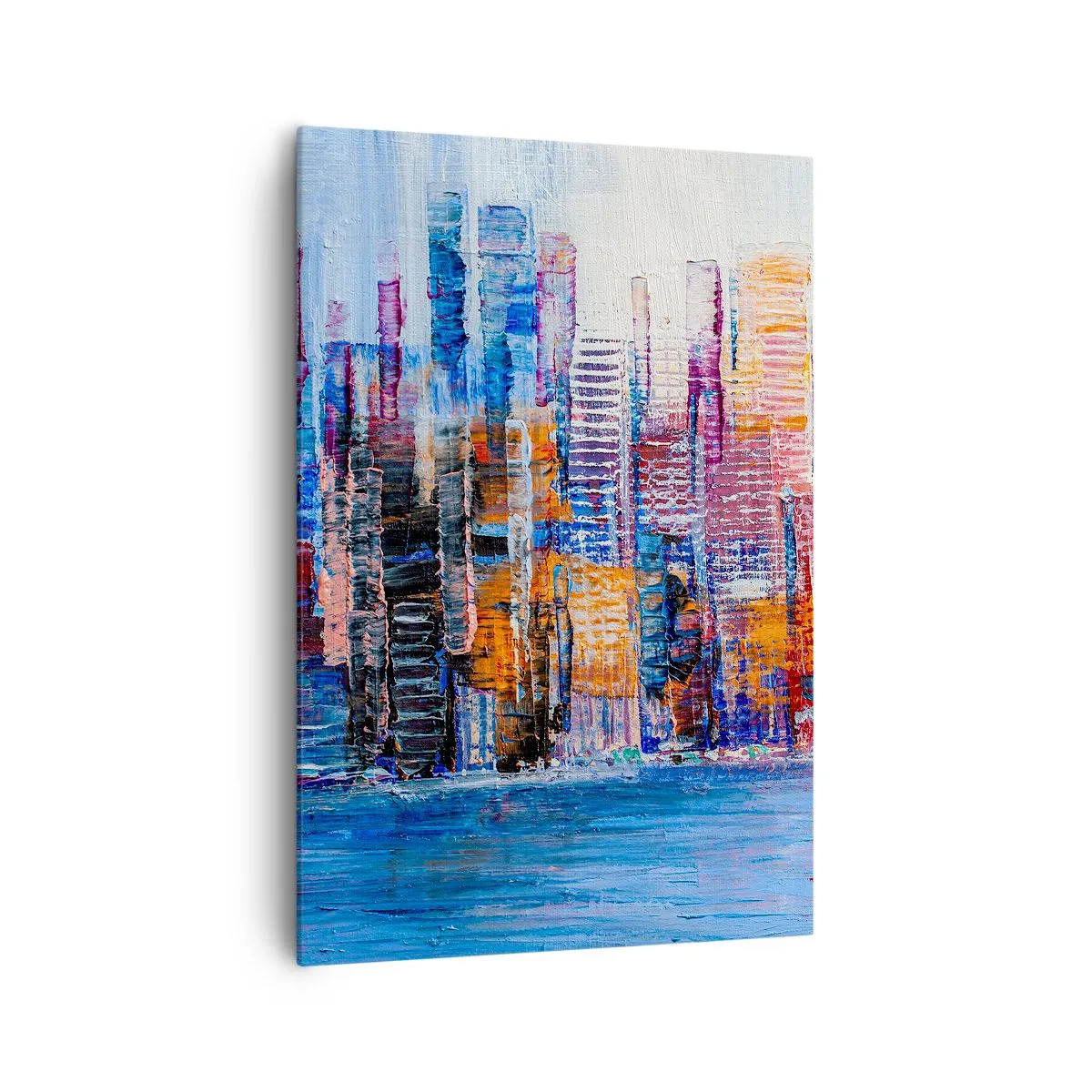 Quadro su tela - Stampe su Tela - Un panorama colorato della città con riflessi sull'acqua - 70x100cm - Metropoli gioiosa - Decorazione murale moderna per soggiorno e camera da letto ARTTOR