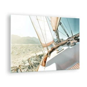 Quadro su vetro - Uno yacht a vela sullo sfondo di montagne e cielo azzurro - 70x50cm - A vele spiegate - Decorazione murale moderna per soggiorno e camera da letto ARTTOR