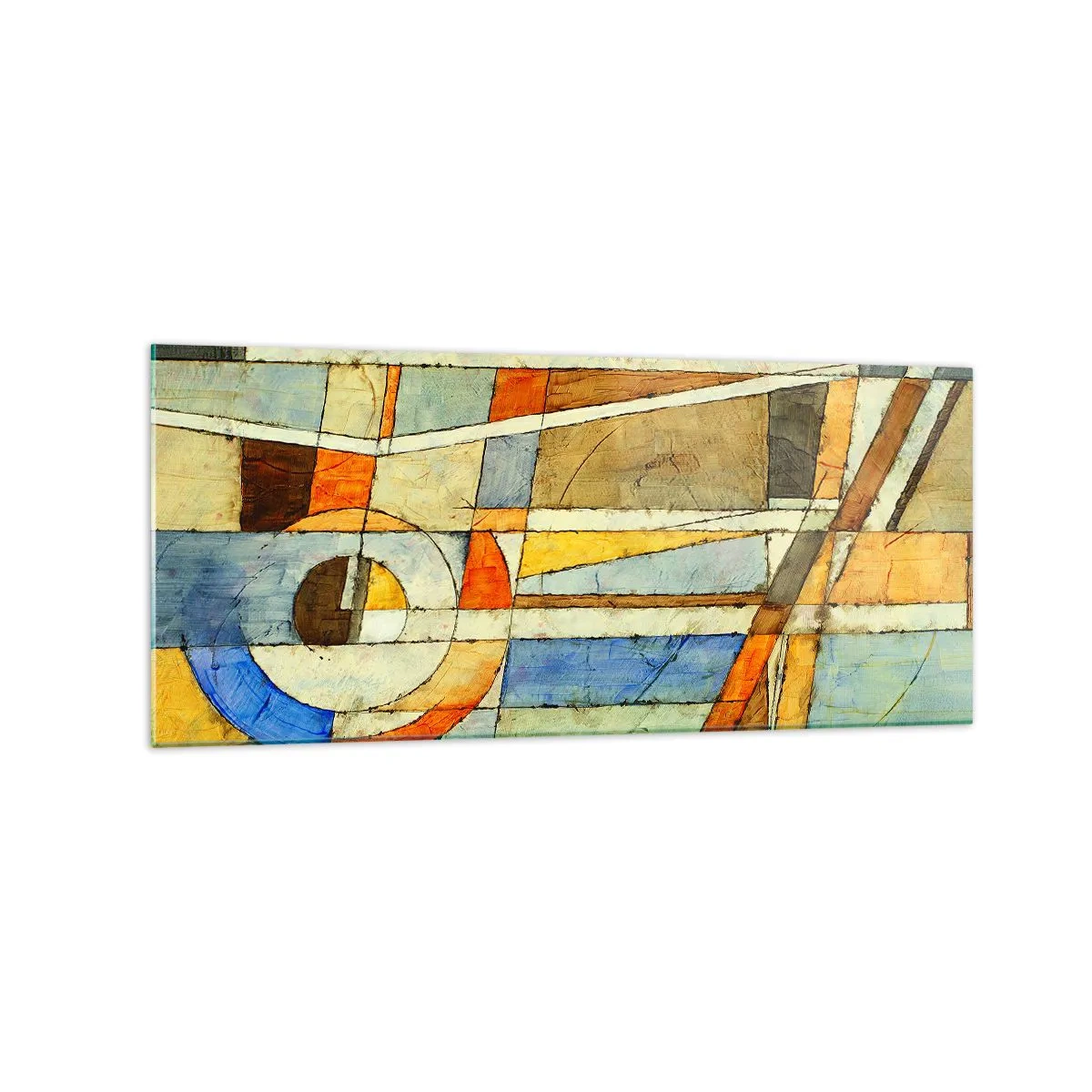 Quadro su vetro - Astrazione geometrica nei toni del beige, blu e arancione - 120x50cm - Cubismo in cantiere - Decorazione murale moderna per soggiorno e camera da letto ARTTOR