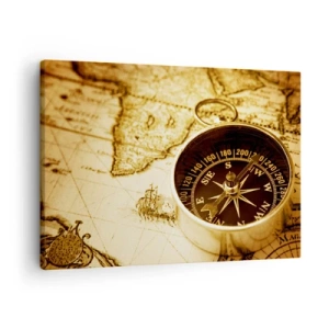 Quadro su tela - Stampe su Tela - Una bussola antica sullo sfondo di una vecchia mappa del mondo - 70x50cm - A est o a ovest? - Decorazione murale moderna per soggiorno e camera da letto ARTTOR