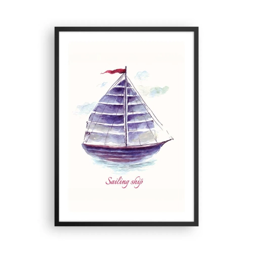 Poster in cornice nera - Illustrazione ad acquerello di una nave a vela in acque calme - 50x70cm - Gonfie vele e mare calmo - Decorazione murale moderna per soggiorno e camera da letto ARTTOR