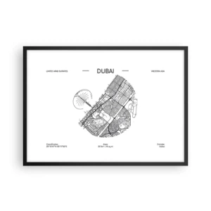 Poster in cornice nera - Una mappa minimalista in bianco e nero di Dubai con indicazioni di posizione. - 70x50cm - Anatomia di Dubai - Decorazione murale moderna per soggiorno e camera da letto ARTTOR