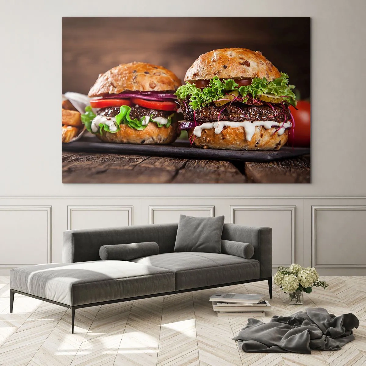 Quadro su vetro - Appetitosi hamburger con verdure e salsa - 100x70cm - American dream - Decorazione murale moderna per soggiorno e camera da letto ARTTOR