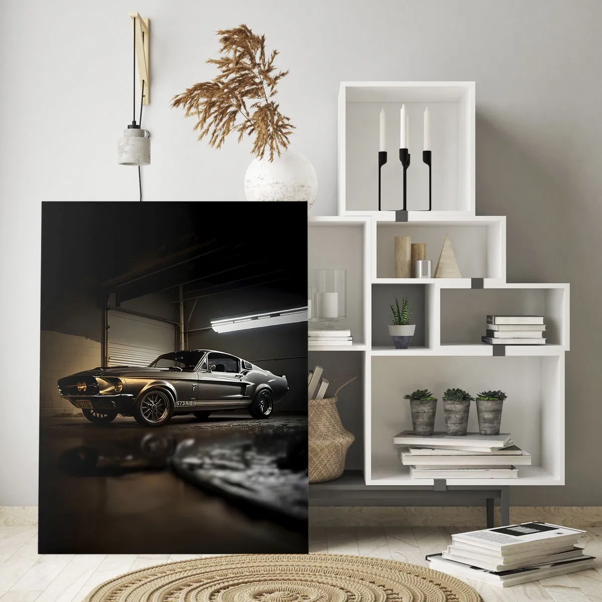 Quadro su vetro - Auto d'epoca in garage retrò - 80x120cm - Ritorno al passato - Decorazione murale moderna per soggiorno e camera da letto ARTTOR