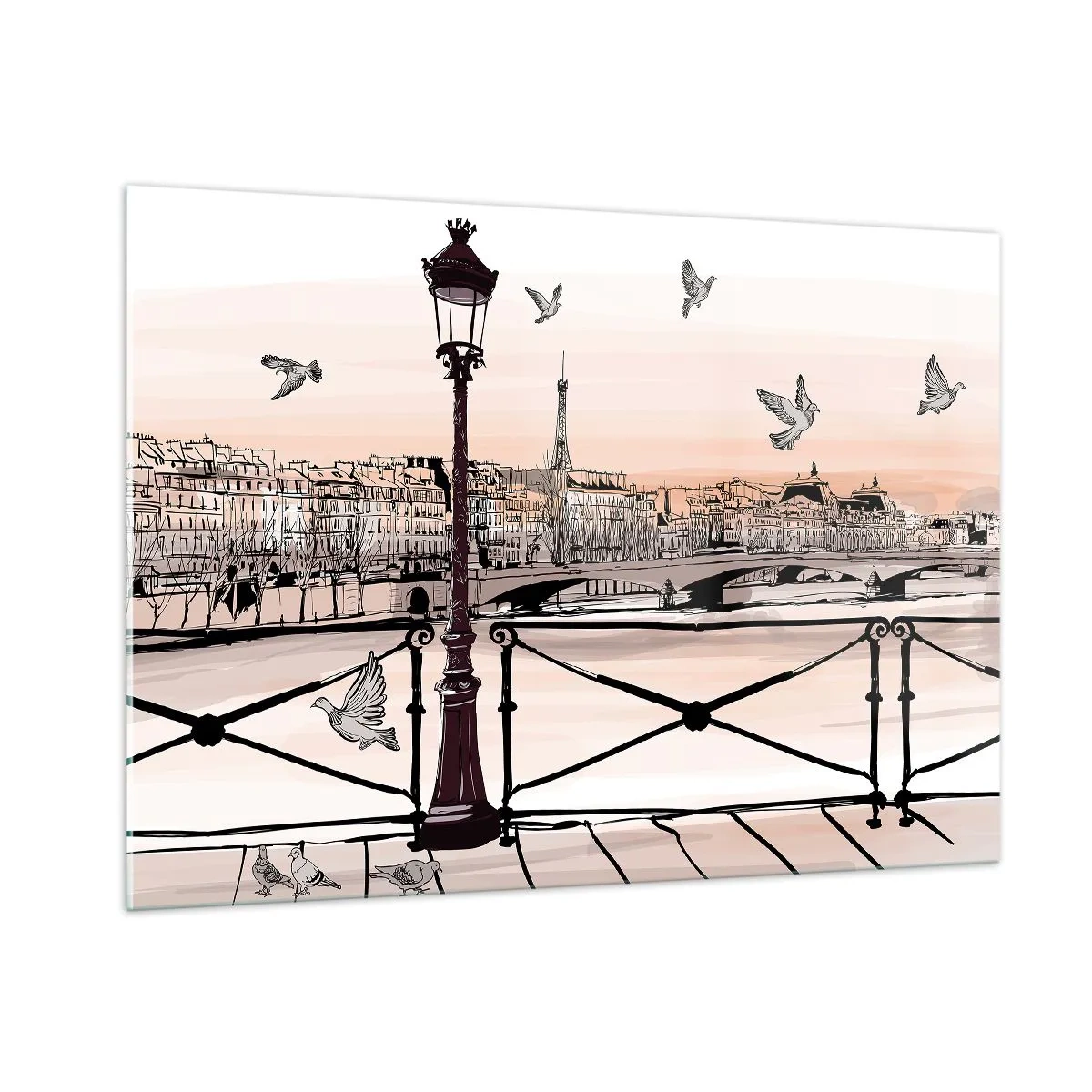 Quadro su vetro - Illustrazione di una strada parigina con vista sulla Torre Eiffel all'alba - 100x70cm - Sui tetti di Parigi - Decorazione murale moderna per soggiorno e camera da letto ARTTOR