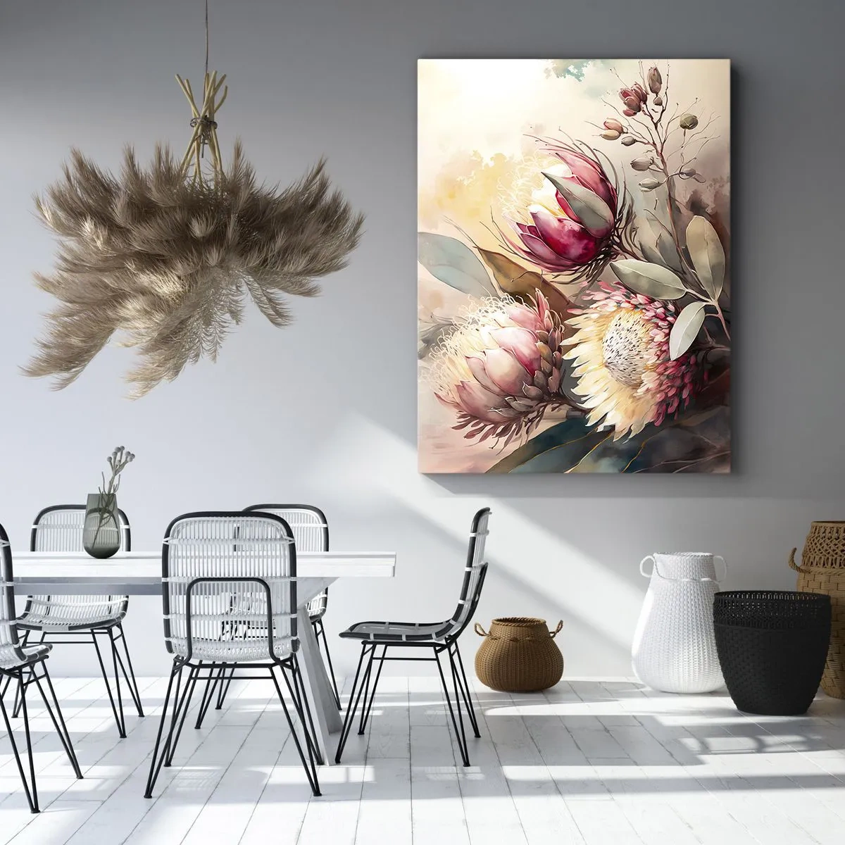 Quadro su tela - Stampe su Tela - Fiori di protea in delicate tonalità pastello - 70x100cm - Di profilo e di fronte - Decorazione murale moderna per soggiorno e camera da letto ARTTOR