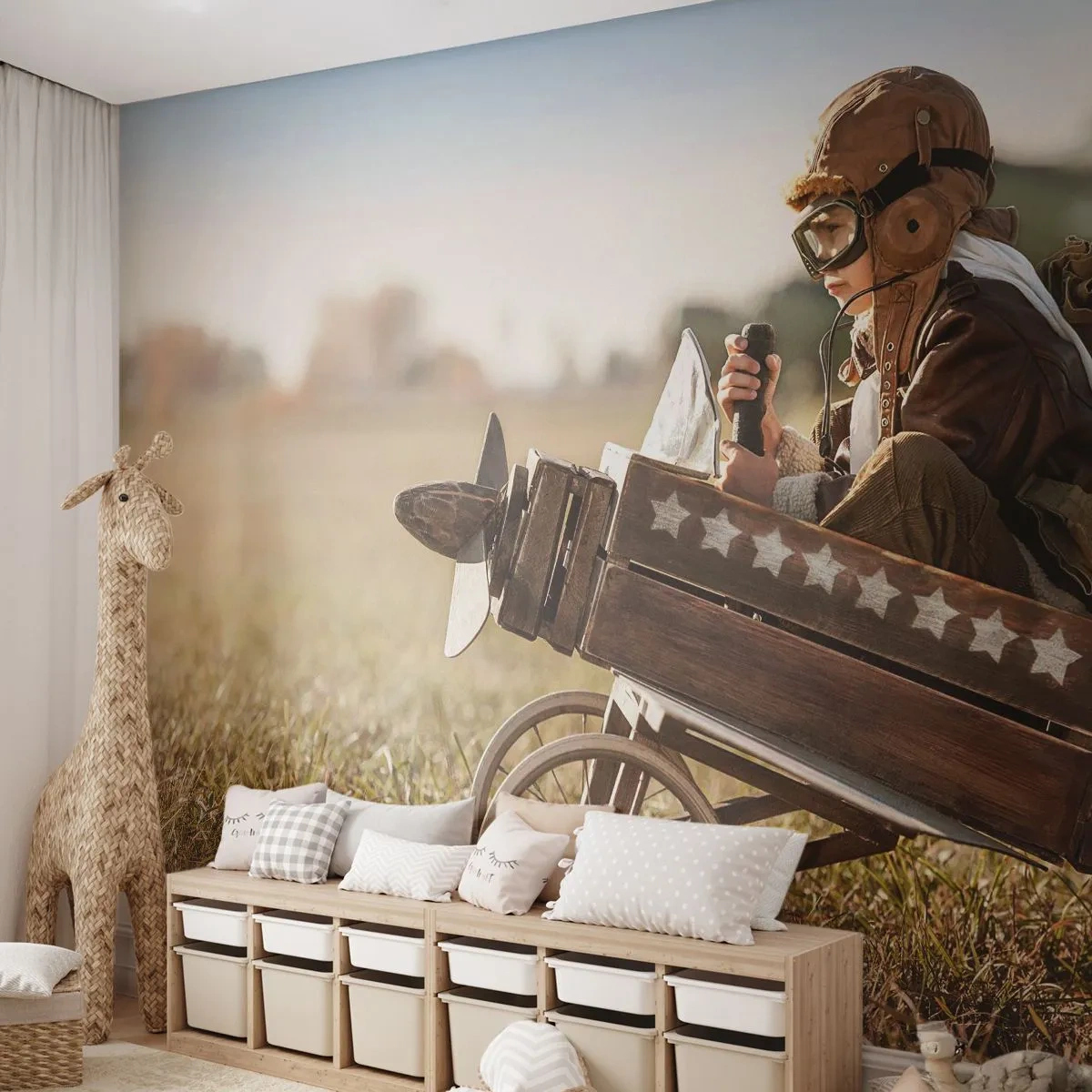 Fotomurali Premium Sand - Decollo verso i sogni - Ragazzo, Aereo, Vintage ▾ - 250x175 cm