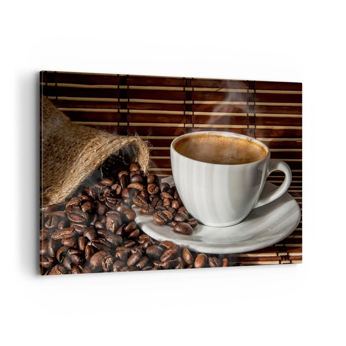 Quadro su tela - Stampe su Tela - Una tazza di caffè con chicchi su uno sfondo di bambù - 120x80cm - Nero del carbone, trasparenza dell'ambra - Decorazione murale moderna per soggiorno e camera da letto ARTTOR