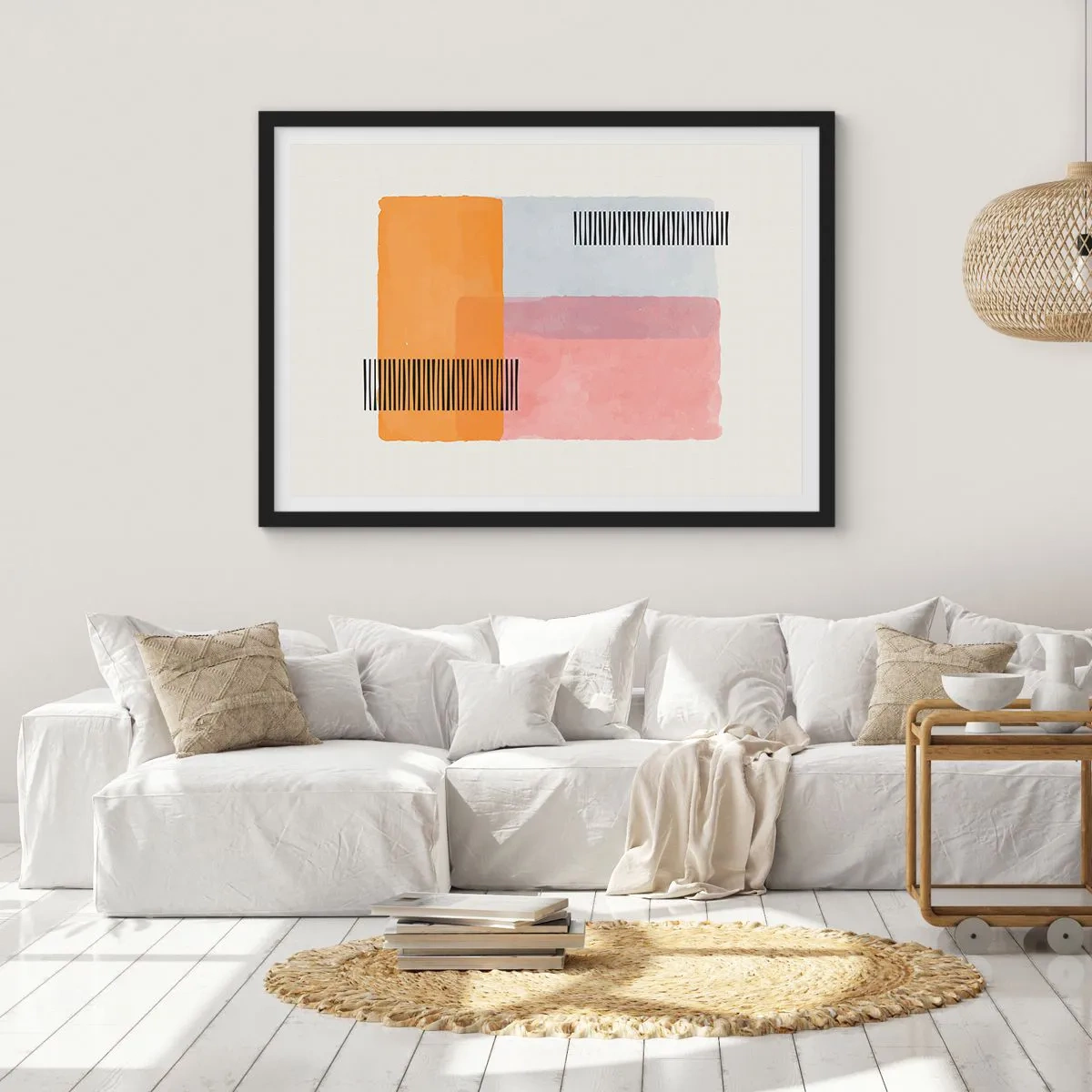 Poster in cornice nera - Geometria in colori pastello con linee su sfondo chiaro - 70x50cm - Da un angolo all'altro - Decorazione murale moderna per soggiorno e camera da letto ARTTOR