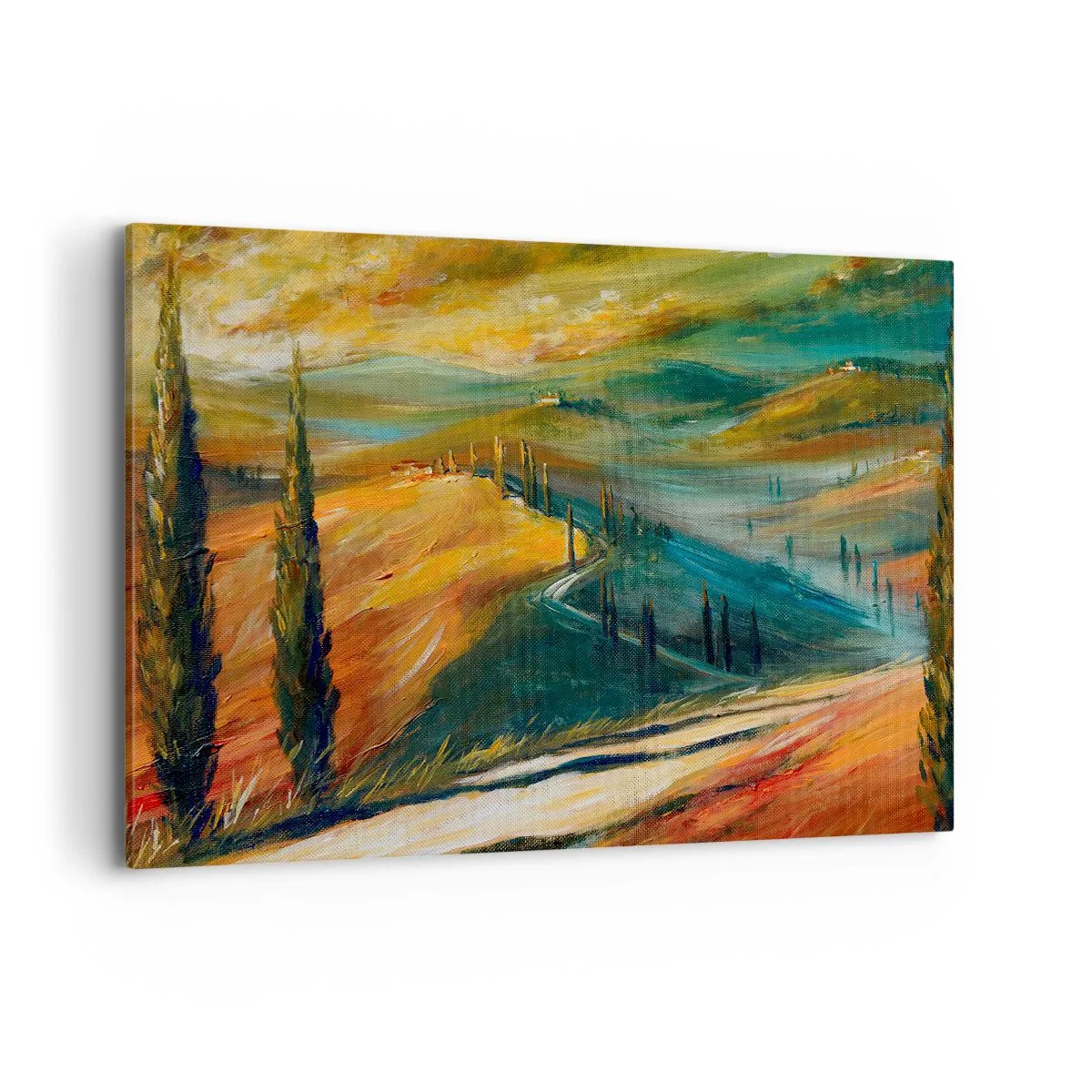 Quadro su tela - Stampe su Tela - Paesaggio toscano con campi, strada e cipressi - 100x70cm - Paesaggio toscano - Decorazione murale moderna per soggiorno e camera da letto ARTTOR