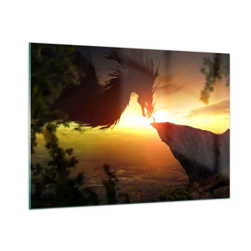 Quadro su vetro - Un drago al chiarore del sole al tramonto su una scogliera - 100x70cm - Il cacciatore di draghi - Decorazione murale moderna per soggiorno e camera da letto ARTTOR