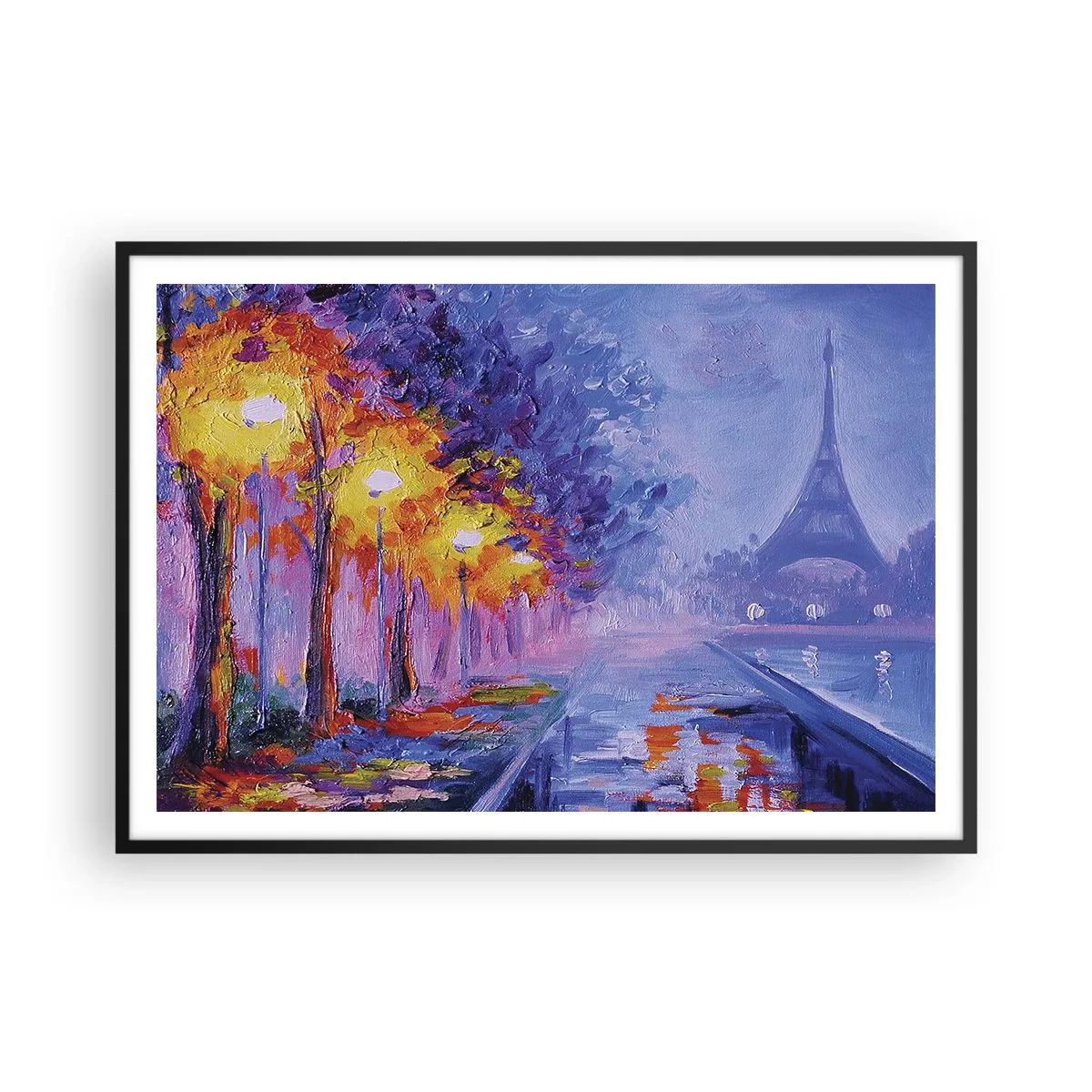 Poster in cornice nera - Un viale con lampioni a Parigi con la Torre Eiffel sullo sfondo - 100x70cm - Passeggiata da sogno - Decorazione murale moderna per soggiorno e camera da letto ARTTOR
