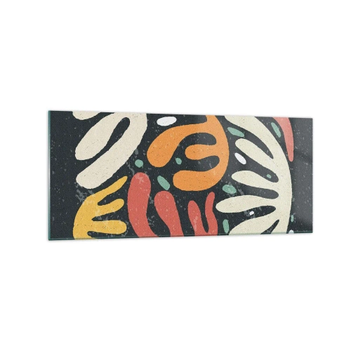 Quadro su vetro - Forme astratte in colori caldi su uno sfondo scuro - 120x50cm - Composizione: adesso ti acchiappo - Decorazione murale moderna per soggiorno e camera da letto ARTTOR