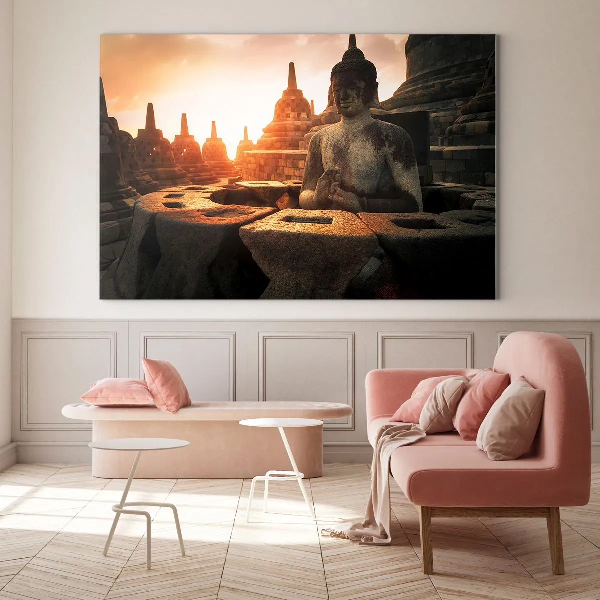 Quadro su vetro - Una statua del Buddha illuminata dal sole al tramonto in un antico complesso di templi - 100x70cm - La pagoda della grande saggezza - Decorazione murale moderna per soggiorno e camera da letto ARTTOR