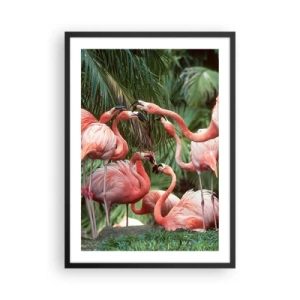 Poster in cornice nera - Fenicotteri rosa in un ambiente esotico di palme - 50x70cm - Pettegolezzi pomeridiani - Decorazione murale moderna per soggiorno e camera da letto ARTTOR