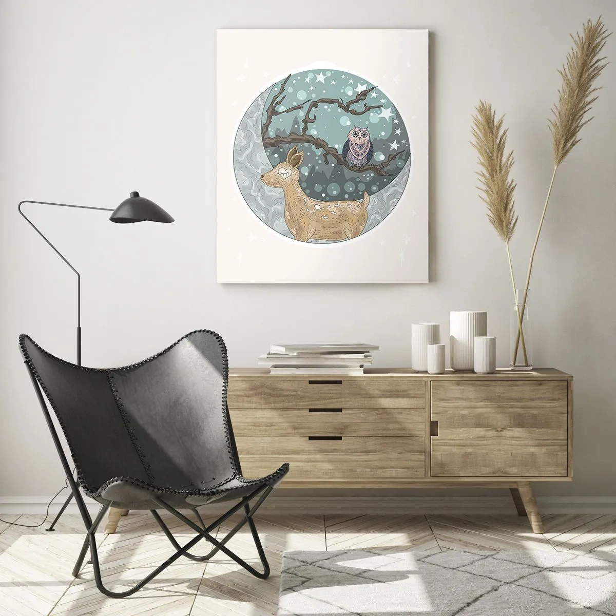 Quadro su vetro - Illustrazione di un cervo e un gufo in un ambiente magico - 50x70cm - Notte fiabesca nel bosco - Decorazione murale moderna per soggiorno e camera da letto ARTTOR
