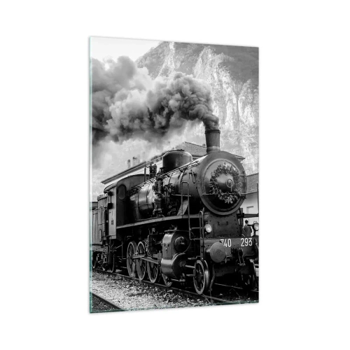 Quadro su vetro - Una locomotiva a vapore bianca e nera sullo sfondo di un paesaggio montano - 80x120cm - Ferma alla stazione... - Decorazione murale moderna per soggiorno e camera da letto ARTTOR