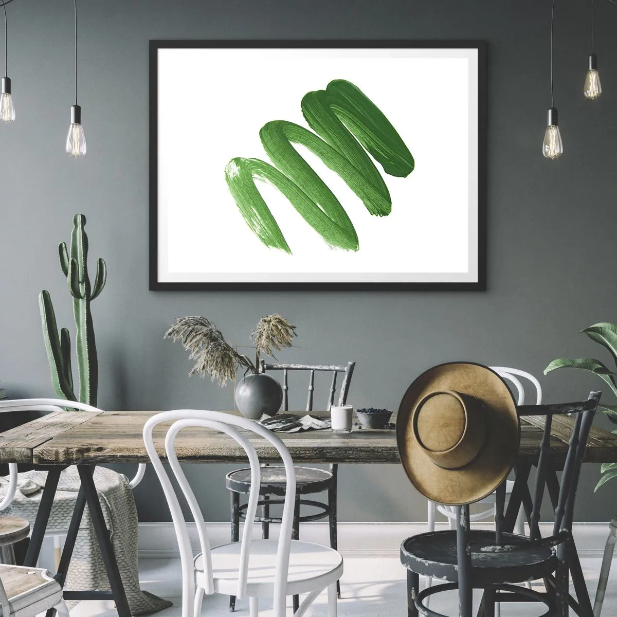 Poster in cornice nera - Pennellata astratta verde su sfondo bianco - 100x70cm - Scherzo verde - Decorazione murale moderna per soggiorno e camera da letto ARTTOR