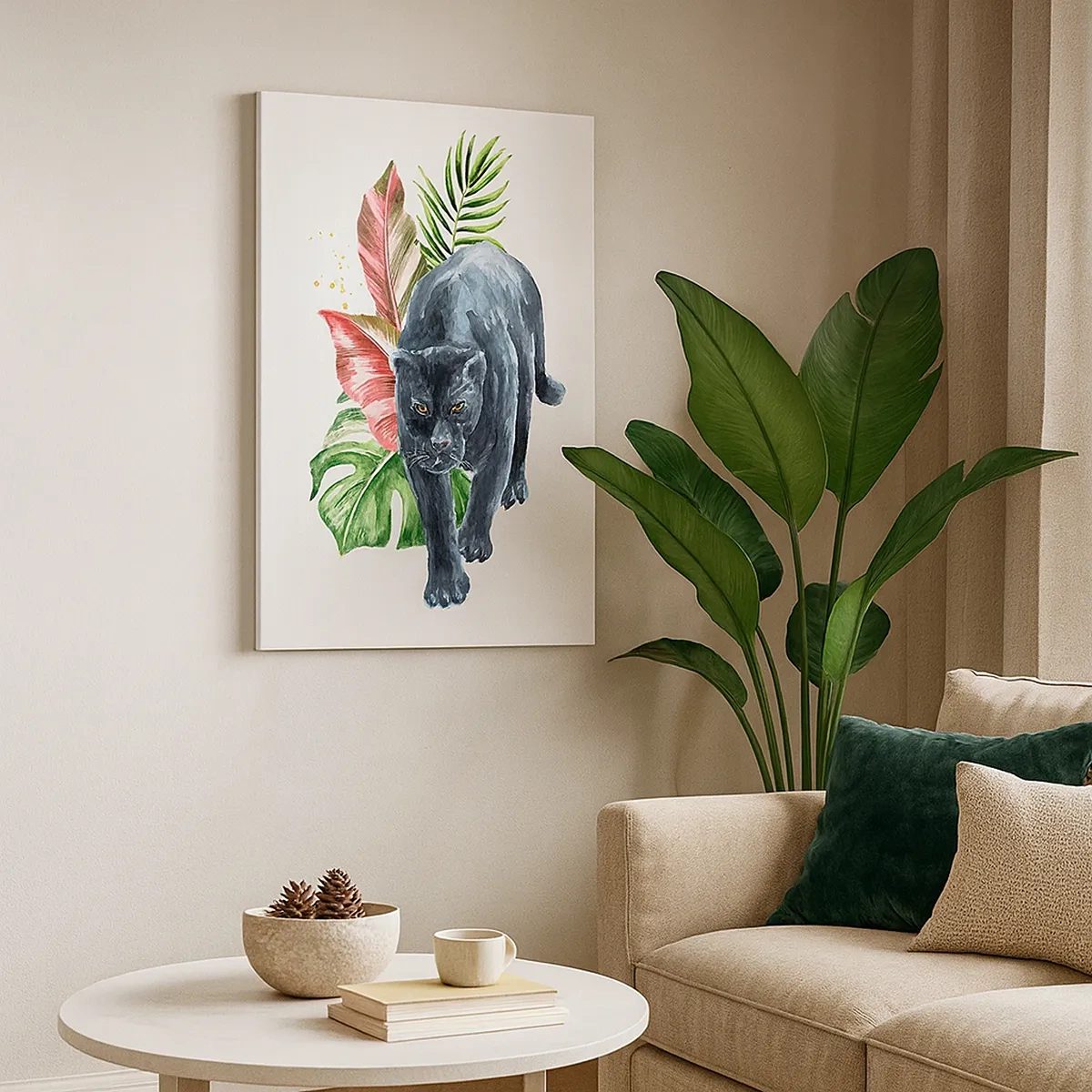 Quadro su tela - Stampe su Tela - Pantera nera circondata da foglie tropicali - 50x70cm - Cuore selvaggio - Decorazione murale moderna per soggiorno e camera da letto ARTTOR