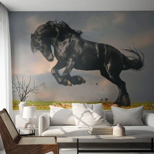 Fotomurali Premium Sand - Un cavallo oscuro in un salto dinamico contro il cielo - 100x70cm - Libero e bello - Decorazione murale moderna per soggiorno e camera da letto ARTTOR