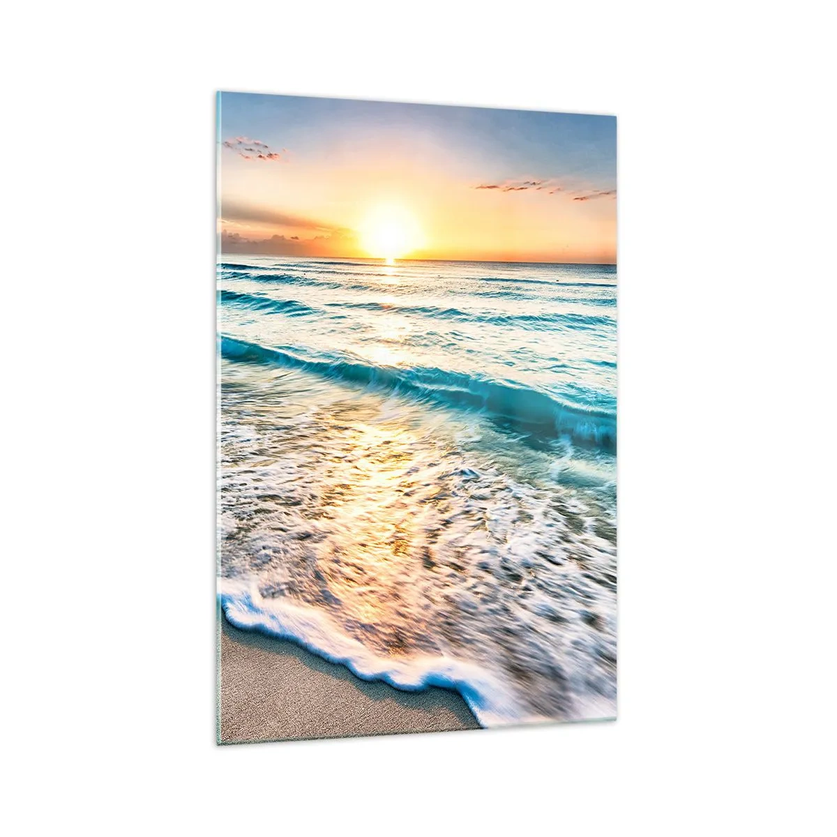 Quadro su vetro - Alba su una spiaggia tranquilla con onde - 70x100cm - Tramonto sul mare - Decorazione murale moderna per soggiorno e camera da letto ARTTOR