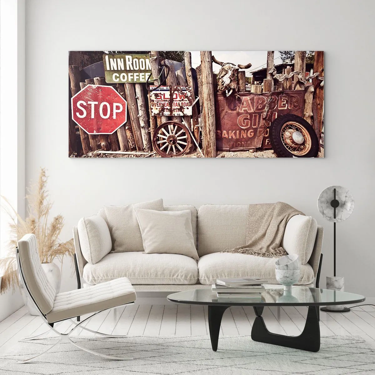 Quadro su vetro - Decorazioni rustiche con cartelli e una ruota sulla recinzione - 140x50cm - E il tempo si è fermato - Decorazione murale moderna per soggiorno e camera da letto ARTTOR