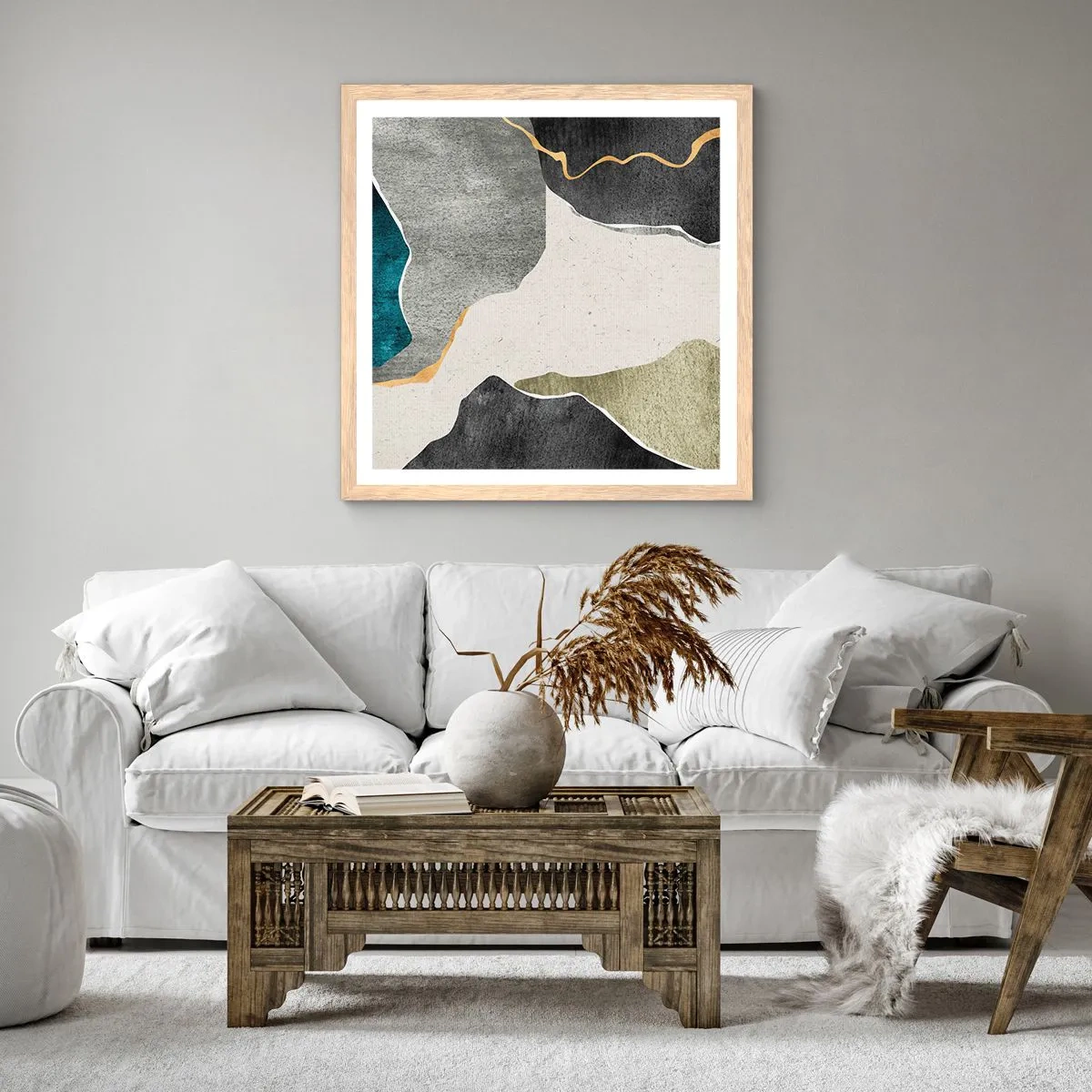 Poster in cornice rovere chiaro - Composizione mosaico con filo d'oro - 50x50 cm