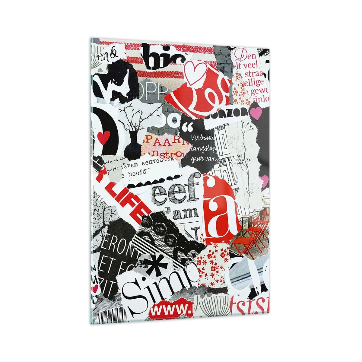 Quadro su vetro - Un collage di lettere, cuori e alberi in stile artistico. - 50x70cm - Collage hipster - Decorazione murale moderna per soggiorno e camera da letto ARTTOR