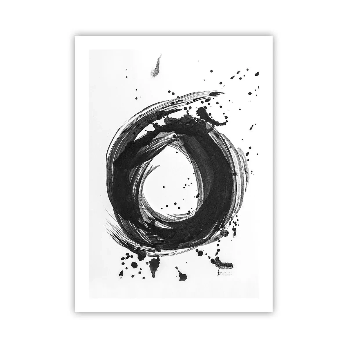 Poster - Cerchio astratto in bianco e nero con punti dinamici - 50x70cm - Il vortice della creazione - Decorazione murale moderna per soggiorno e camera da letto ARTTOR