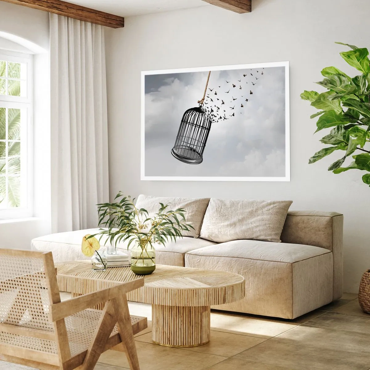 Poster - Uccelli che volano fuori da una gabbia contro il cielo - 100x70cm - Fede... Speranza... Libertà! - Decorazione murale moderna per soggiorno e camera da letto ARTTOR