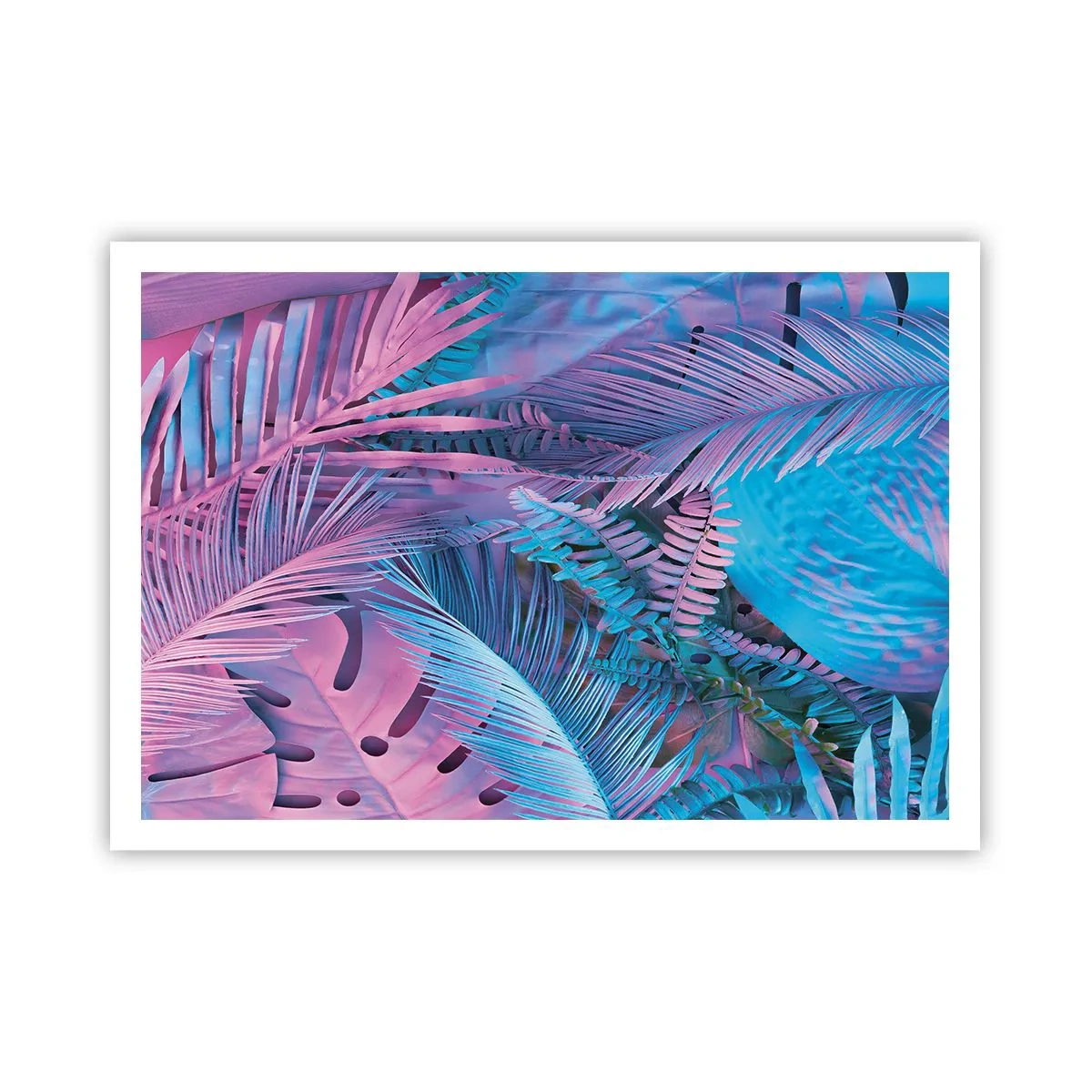 Poster - Foglie tropicali nelle tonalità del rosa e del blu - 100x70cm - Tropici in rosa e blu - Decorazione murale moderna per soggiorno e camera da letto ARTTOR