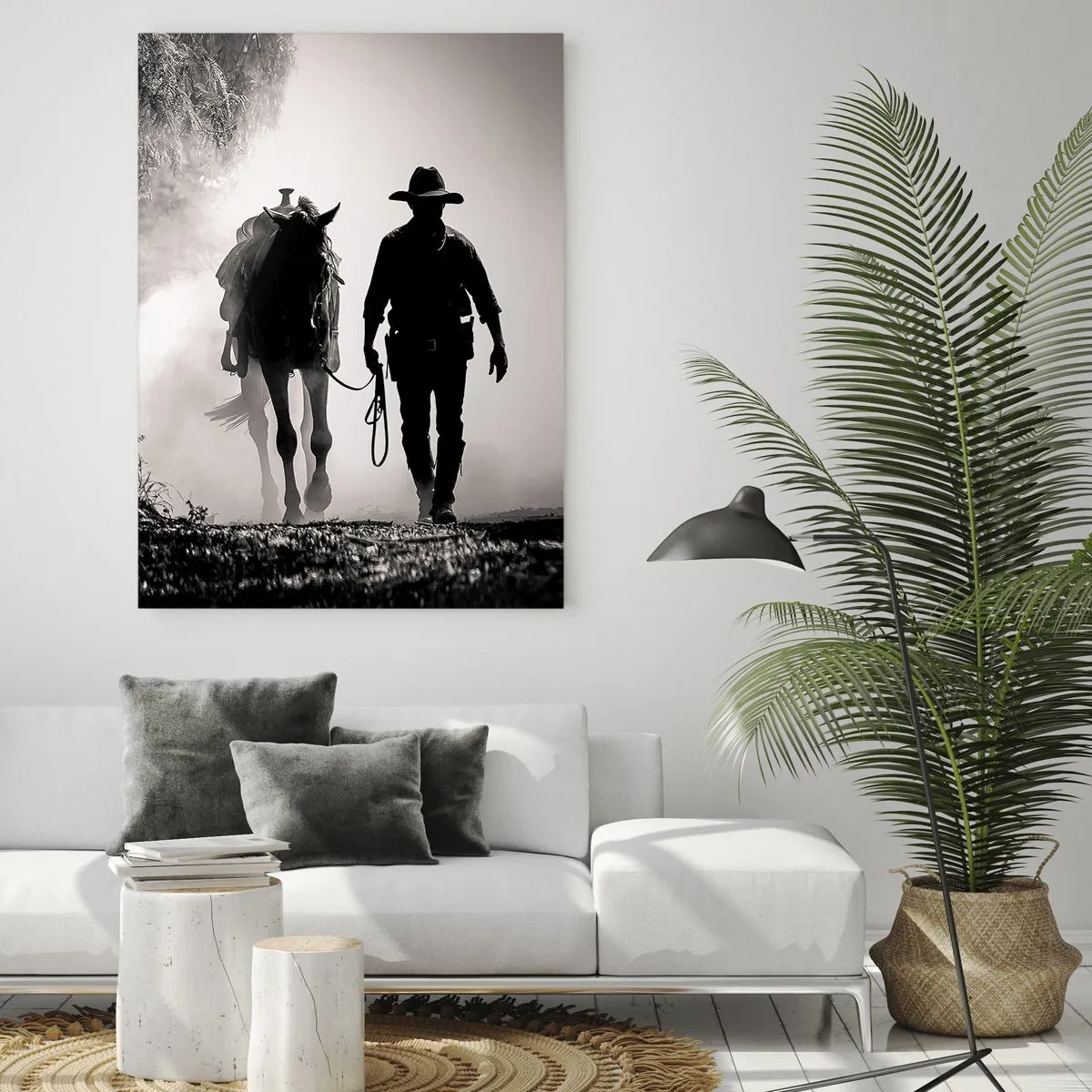 Quadro su vetro - Cowboy con cavallo nella nebbia mattutina - 70x100cm - Mattino texano - Decorazione murale moderna per soggiorno e camera da letto ARTTOR