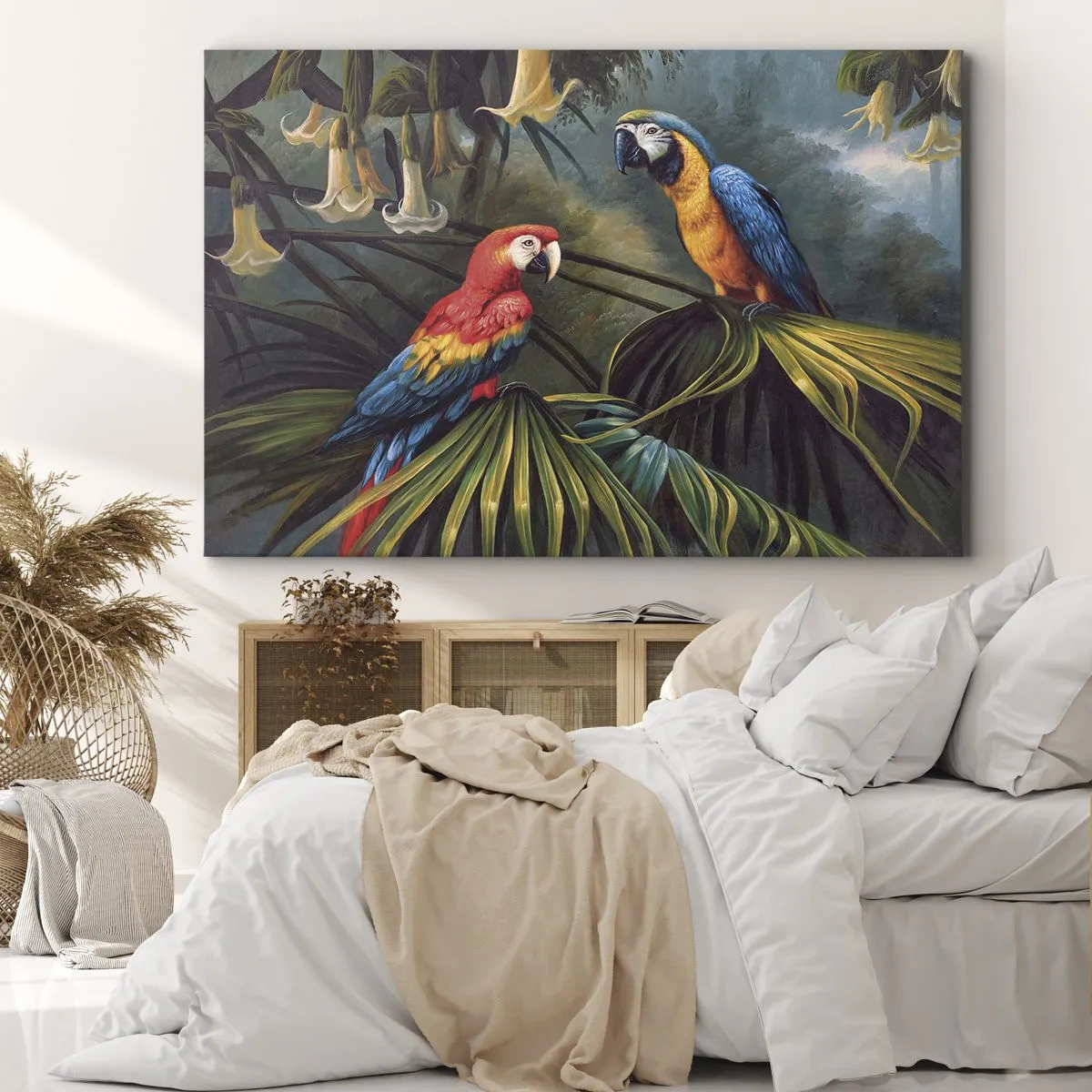 Quadro su tela - Stampe su Tela - Pappagalli in una foresta tropicale con fiori esotici sullo sfondo - 120x80cm - Romanticità ai tropici - Decorazione murale moderna per soggiorno e camera da letto ARTTOR