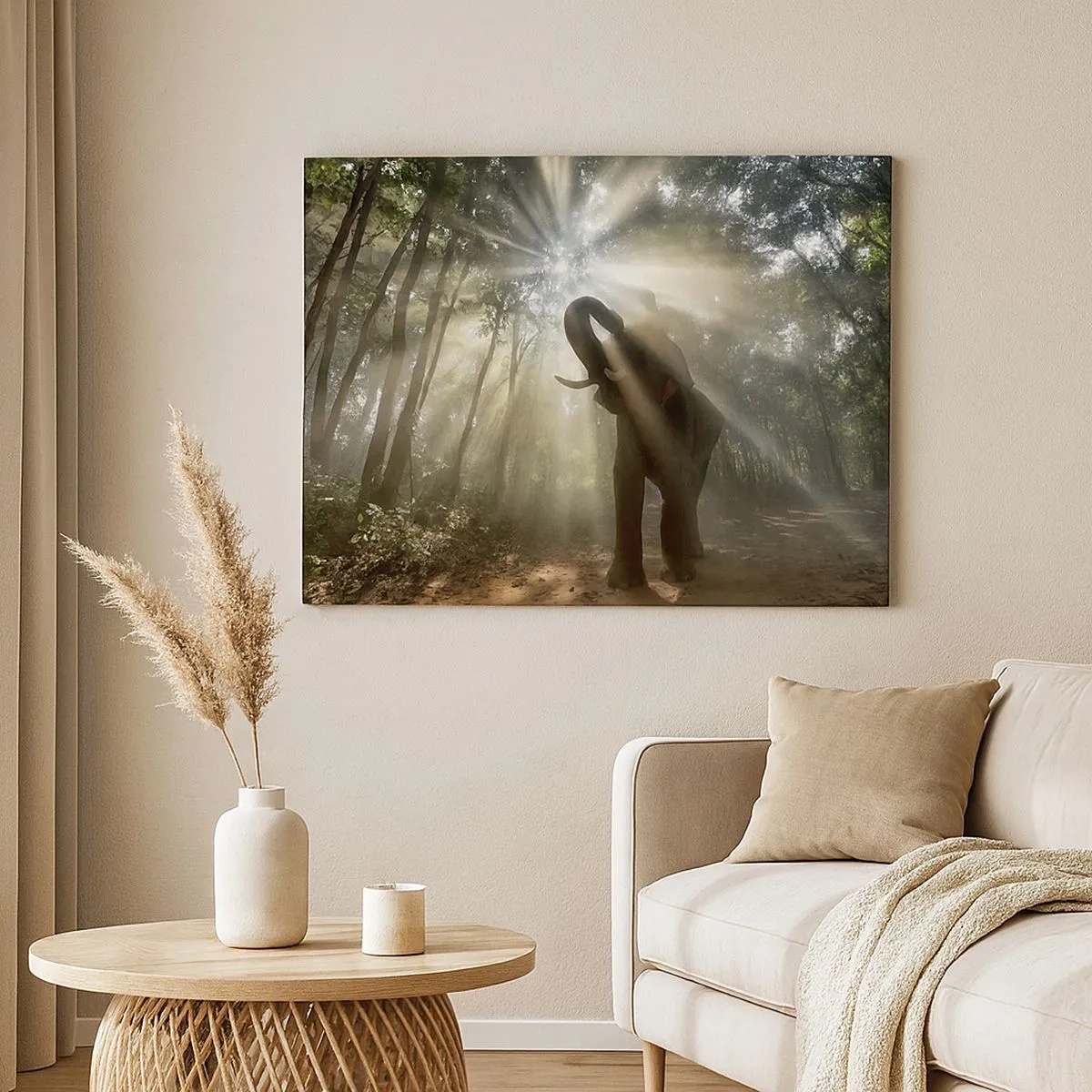 Quadro su tela - Stampe su Tela - Un elefante nella foresta circondato da raggi di luce nella nebbia mattutina - 70x50cm - Sotto una stella fortunata - Decorazione murale moderna per soggiorno e camera da letto ARTTOR