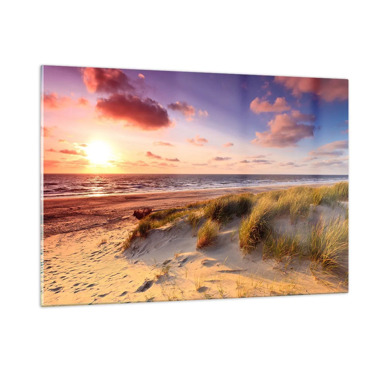 Quadro su vetro - Spiaggia con dune al tramonto - 120x80cm - L'aria già profuma di estate - Decorazione murale moderna per soggiorno e camera da letto ARTTOR