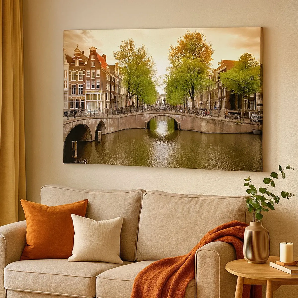 Quadro su tela - Stampe su Tela - Un canale di Amsterdam circondato da case popolari storiche - 70x50cm - In barca o in bicicletta? - Decorazione murale moderna per soggiorno e camera da letto ARTTOR