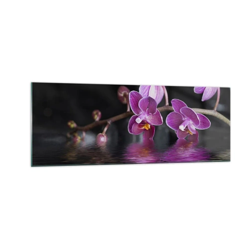 Quadro su vetro - Orchidee viola su acqua calma su sfondo nero - 140x50cm - La bellezza riflessa dai gigli - Decorazione murale moderna per soggiorno e camera da letto ARTTOR