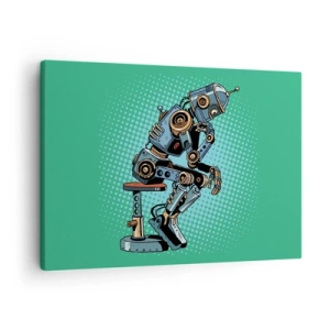 Quadro su tela - Stampe su Tela - Robot pensatore in stile pop art su sfondo verde - 70x50cm - Sull'essenza dell'essere - Decorazione murale moderna per soggiorno e camera da letto ARTTOR