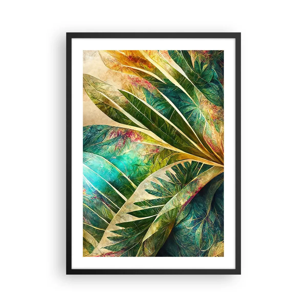 Poster in cornice nera - Una composizione frondosa nei toni del verde e dell'oro - 50x70cm - I colori dei tropici - Decorazione murale moderna per soggiorno e camera da letto ARTTOR