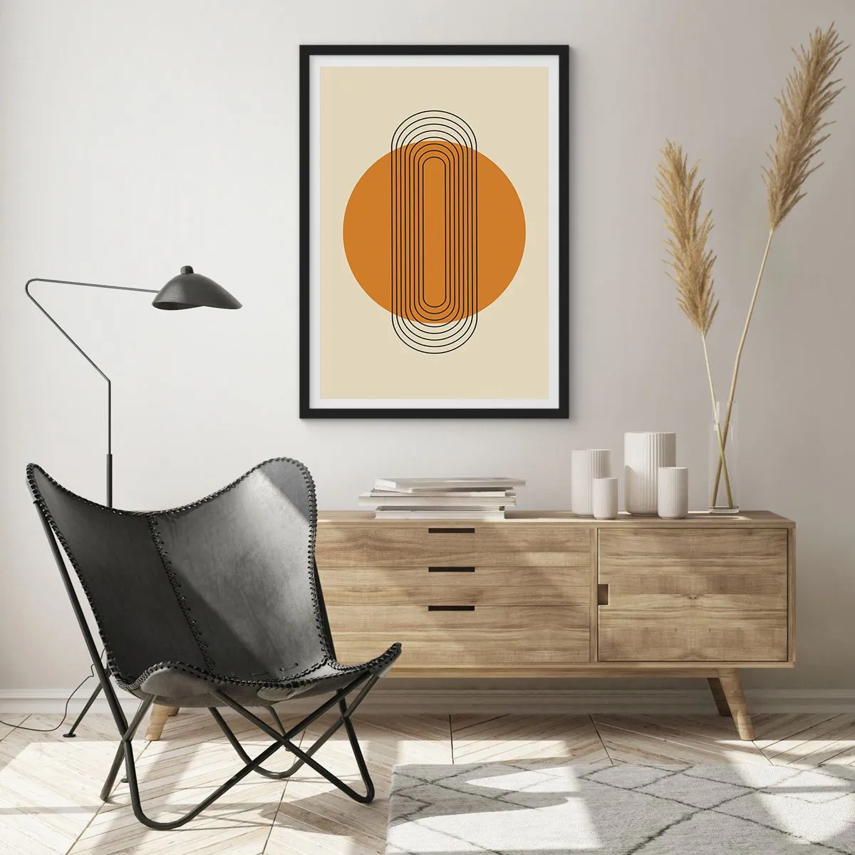 Poster in cornice nera - Motivo geometrico con cerchi e linee arancioni - 50x70cm - Piano perfetto - Decorazione murale moderna per soggiorno e camera da letto ARTTOR