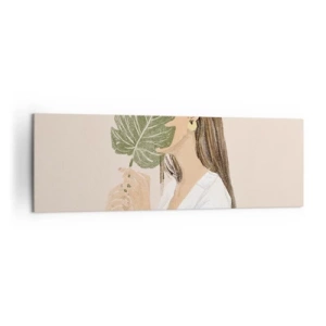 Quadro su tela - Stampe su Tela - Ritratto di una donna con una foglia di monstera su uno sfondo beige - 160x50cm - Misterioso ritratto con ventaglio - Decorazione murale moderna per soggiorno e camera da letto ARTTOR