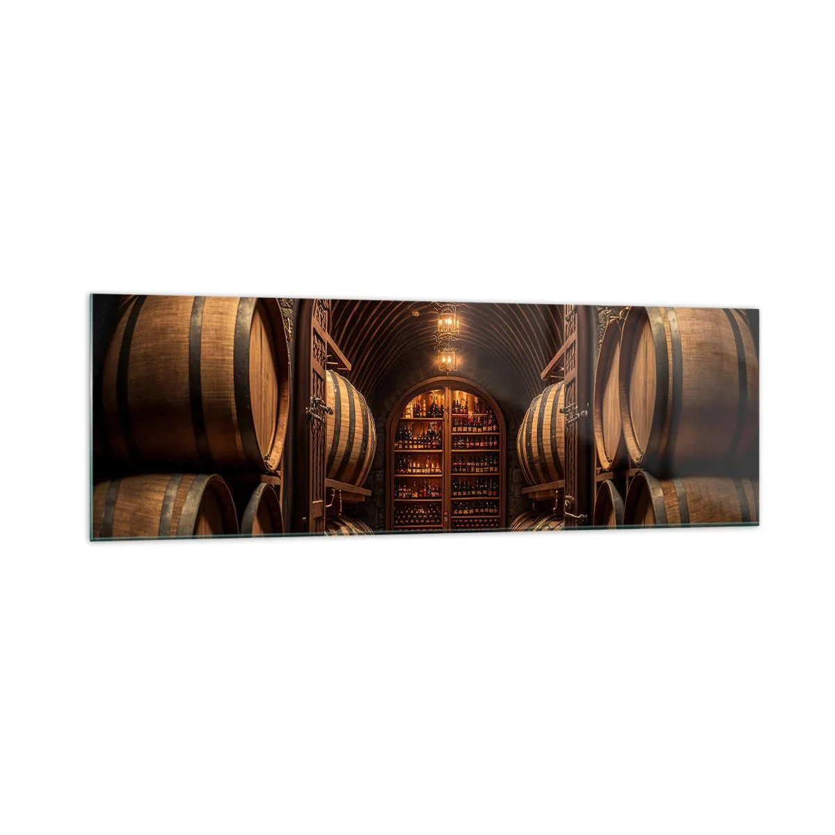 Quadro su vetro - Cantina con botti di legno e scaffali per il vino - 160x50cm - L'atmosfera della cantina - Decorazione murale moderna per soggiorno e camera da letto ARTTOR