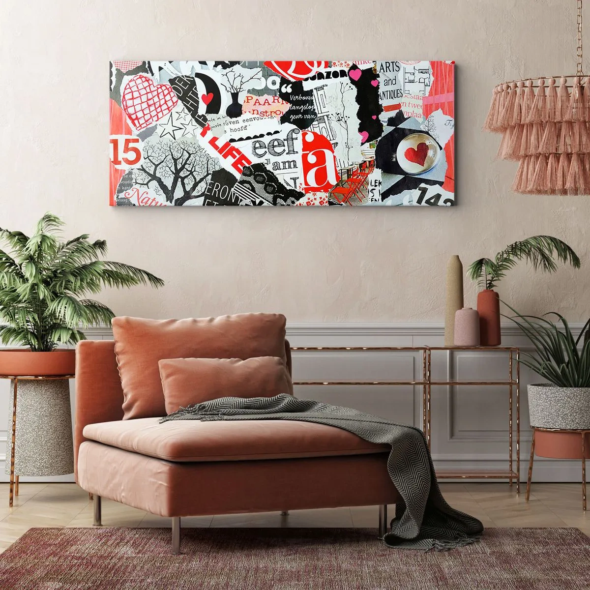Quadro su tela - Stampe su Tela - Un collage colorato con iscrizioni, cuori e grafiche. - 120x50cm - Collage hipster - Decorazione murale moderna per soggiorno e camera da letto ARTTOR