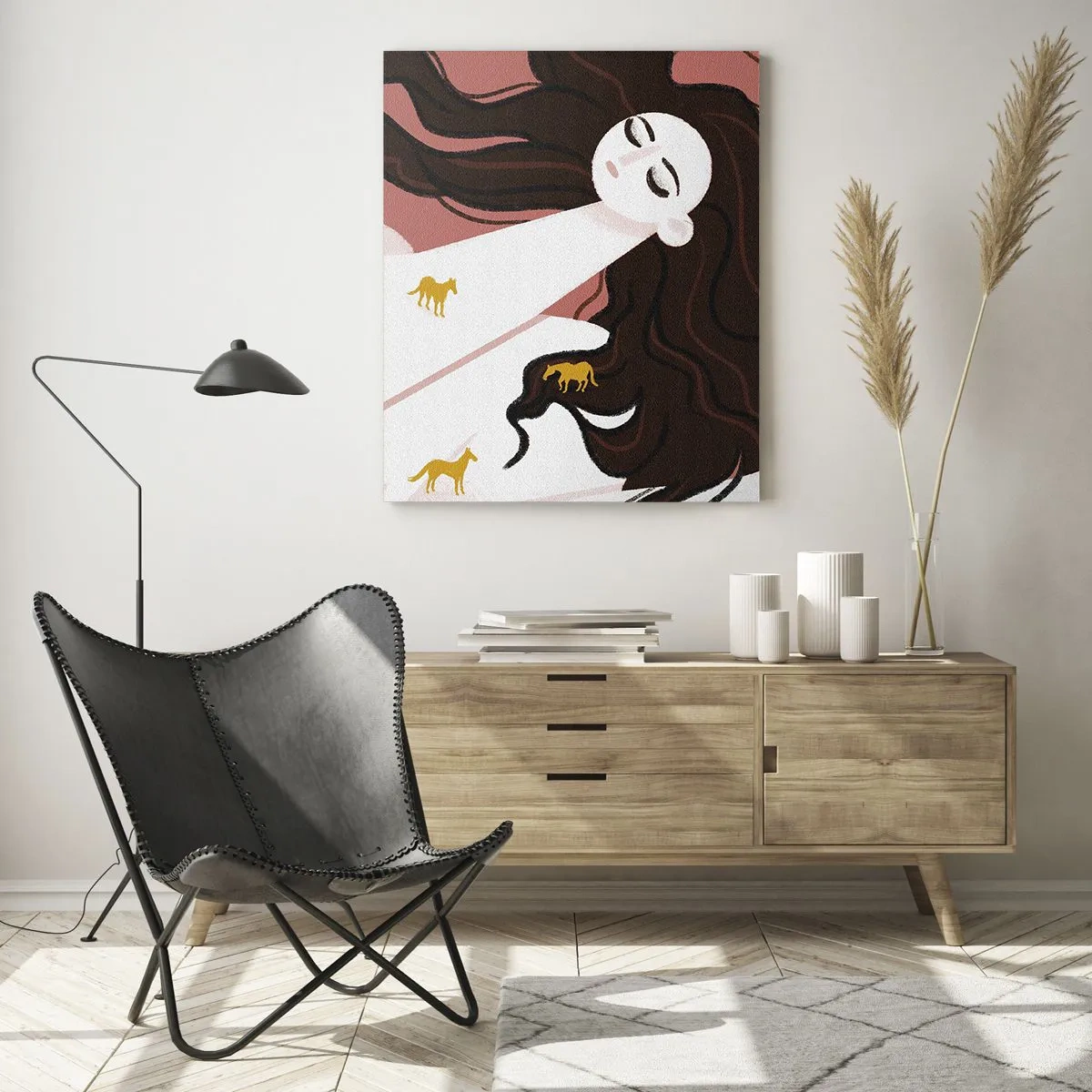 Quadro su vetro - Una figura con gli occhi chiusi circondata da cavalli dorati - 80x120cm - Il sogno del cavallo d'oro - Decorazione murale moderna per soggiorno e camera da letto ARTTOR