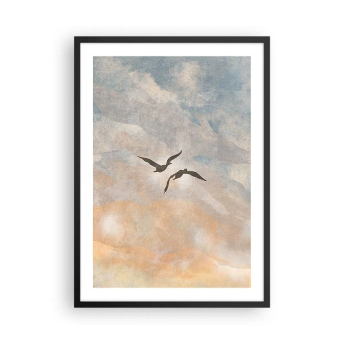 Poster in cornice nera - Due uccelli che volano contro il cielo, in delicate tonalità di blu e arancione. - 50x70cm - Danza nel cielo - Decorazione murale moderna per soggiorno e camera da letto ARTTOR
