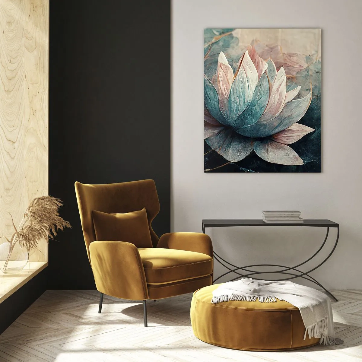 Quadro su vetro - Rappresentazione artistica di fiori di loto su uno sfondo di foglie acquatiche. - 50x70cm - Le stelle del lago - Decorazione murale moderna per soggiorno e camera da letto ARTTOR