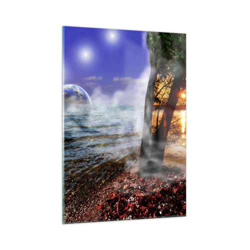Quadro su vetro - Un paesaggio fantastico con il mare e un pianeta - 50x70cm - Paesaggio surreale: unità della natura - Decorazione murale moderna per soggiorno e camera da letto ARTTOR
